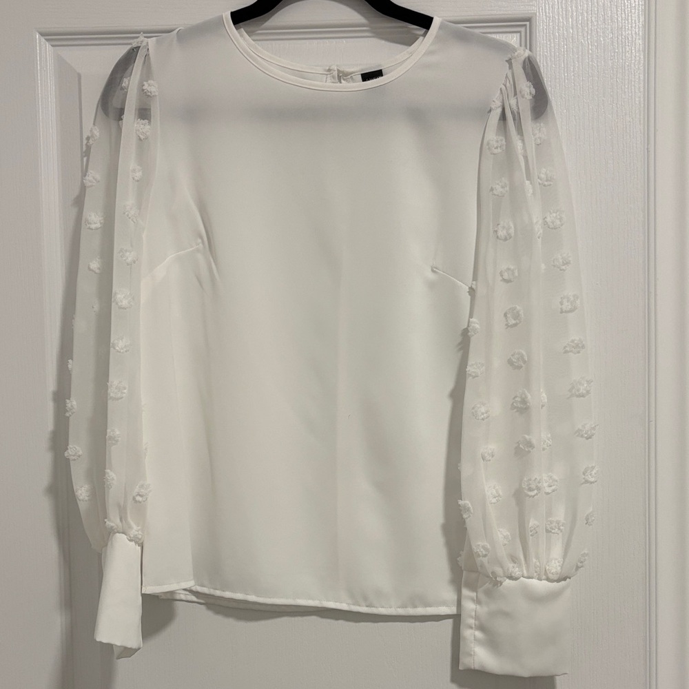 SHEIN White Blouse with Sheer Floral Sleeves